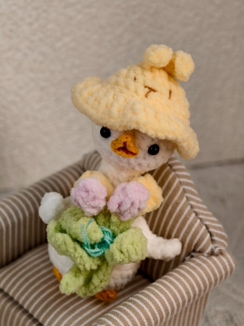 Handmade Amigurumi Crochet Yellow Duck Holding Flowers Plushie